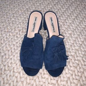 Karl Lagerfeld blue suede tassel slides